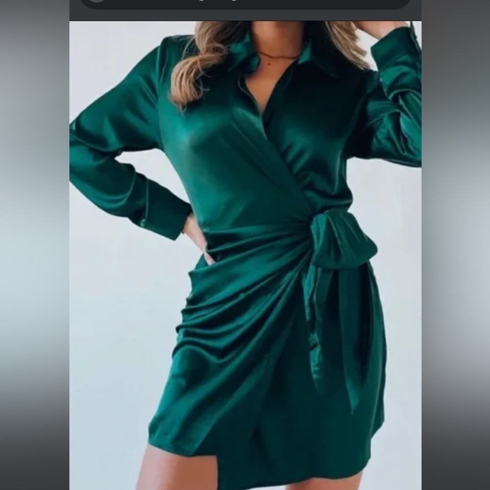 Dress Forum Green Asymmetrical Ruched Long Sleeve Dress - Picture 7 of 7